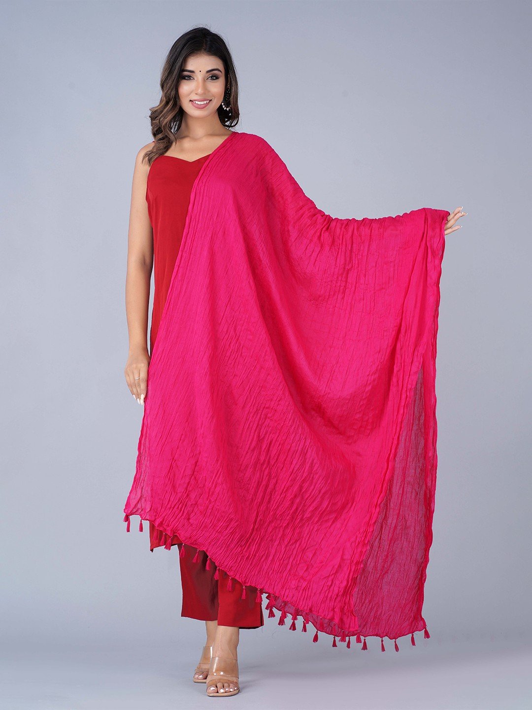 Pink Cotton Dupatta with Tasselled Border
