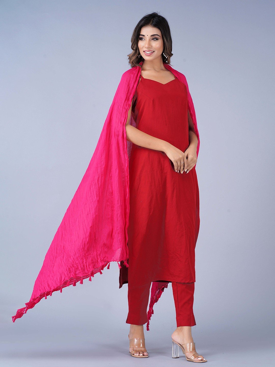 Pink Cotton Dupatta with Tasselled Border