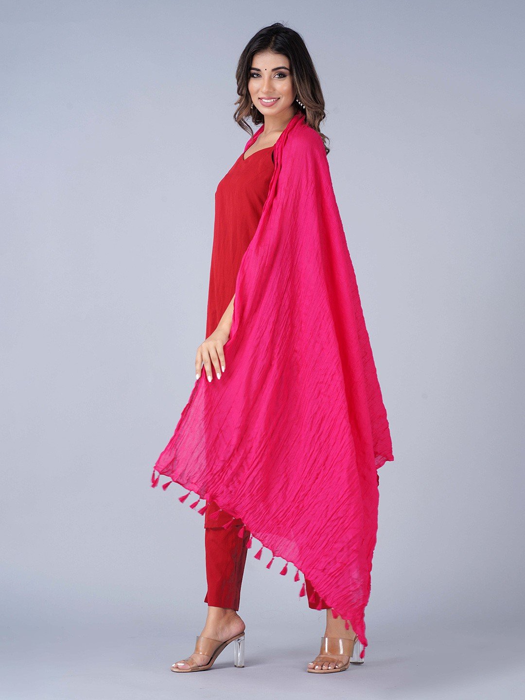 Pink Cotton Dupatta with Tasselled Border