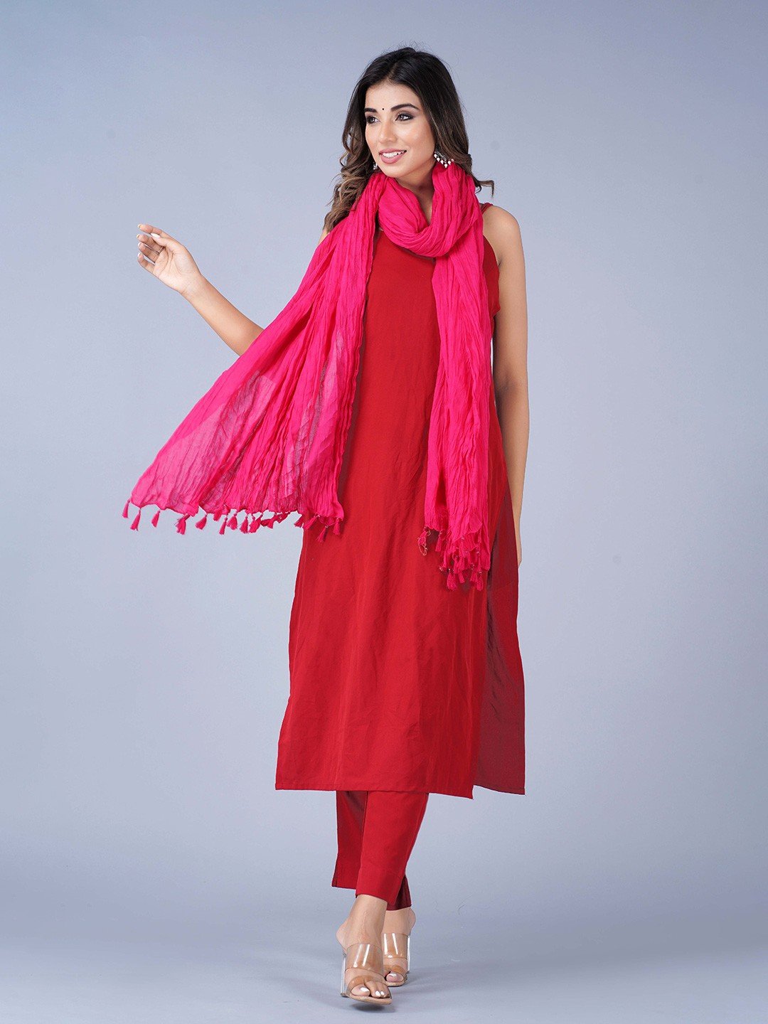 Pink Cotton Dupatta with Tasselled Border